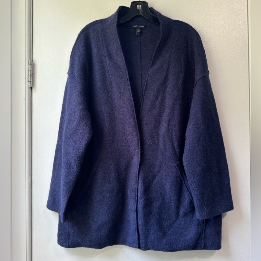 Eileen Fisher Marino Wool Plump Snap Front Cardigan Sweater Jacket With Pocket